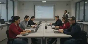 Adults learning new digital skills in a modern classroom setting