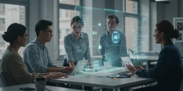 Professionals discussing responsible AI development in a tech office