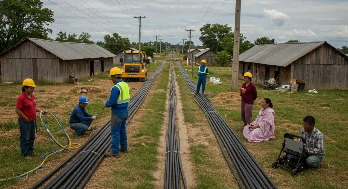 Technicians installing fiber optic cables in a rural U.S. community to expand broadband access.