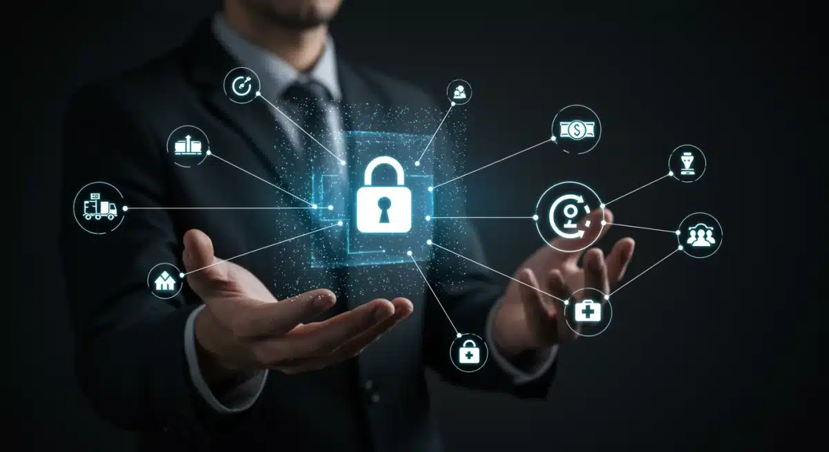 Secure digital ledger with interconnected industry icons via blockchain