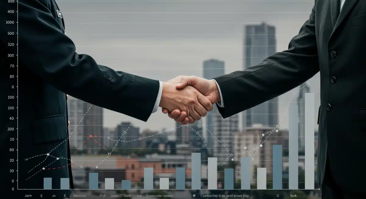 Handshake symbolizing successful veteran transition into civilian life with positive data trends.