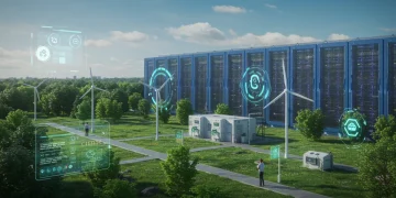 Sustainable Tech Solutions: Green IT to Cut US Carbon by 10% by 2025 Sustainable data center with green technology and reduced carbon emissions