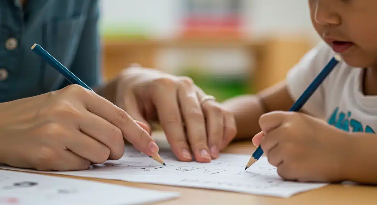 Teacher guiding child's hand in writing, early education