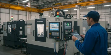 Unlocking 15% Efficiency: Edge Computing in US Manufacturing by 2025 Technician monitoring data in a modern US manufacturing plant with edge computing, aiming for 15% efficiency gains.