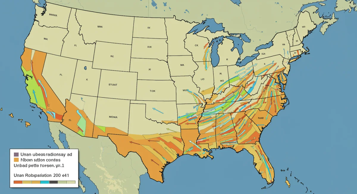 US map illustrating migration from cities to rural areas, showing demographic shifts