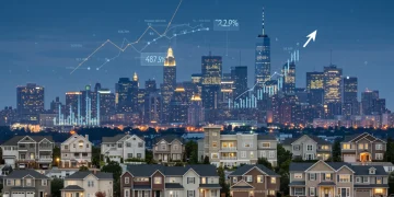 Skyline of a vibrant US city with various real estate properties, symbolizing growth and investment.