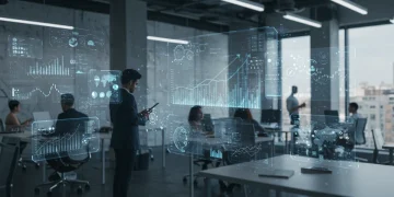 US Venture Capital 2025: Funding Trends & Sector Focus Entrepreneurs collaborating in a futuristic office, symbolizing US venture capital trends in 2025.