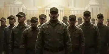 Diverse veterans standing united, symbolizing hope and federal support for their well-being.