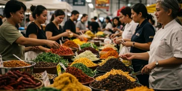 Vibrant immigrant food market with diverse cultural dishes and shoppers.