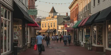 2025 Localism Revival: Small Businesses Thrive as Consumers Prioritize Community Vibrant street scene with thriving small businesses in an American town, symbolizing localism.