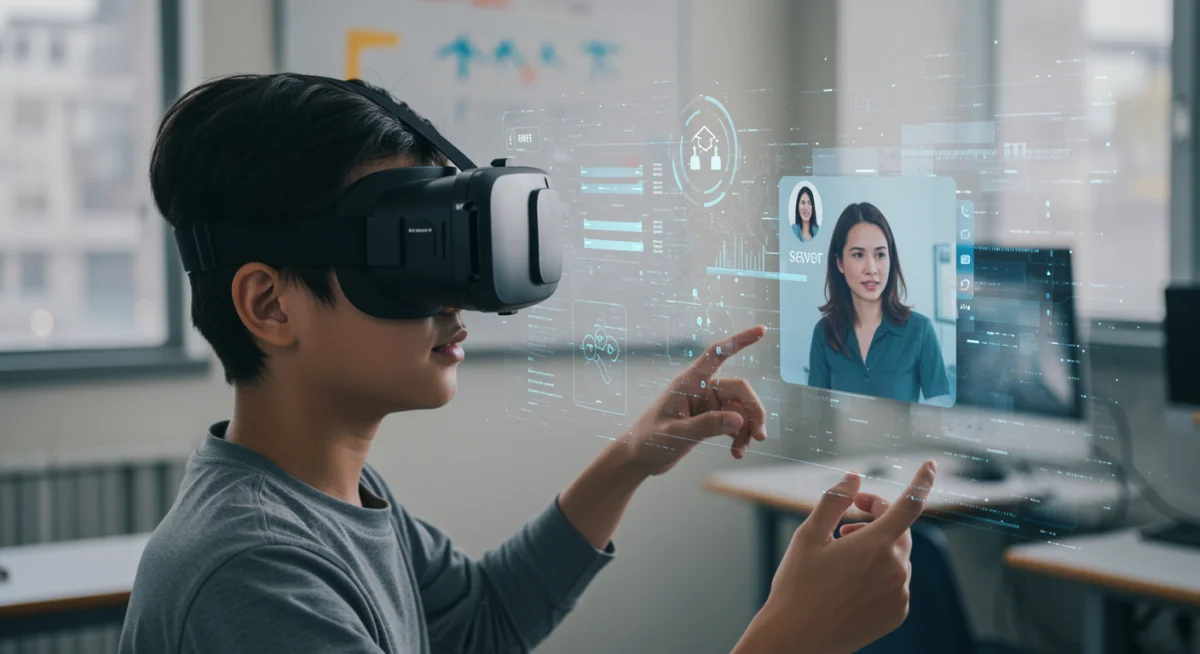 Student in VR headset experiencing personalized online learning