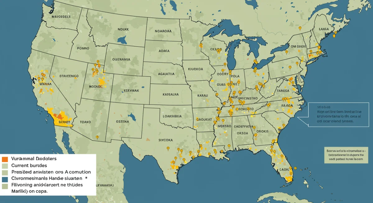 U.S. map showing vulnerable communities and environmental hazard hotspots.