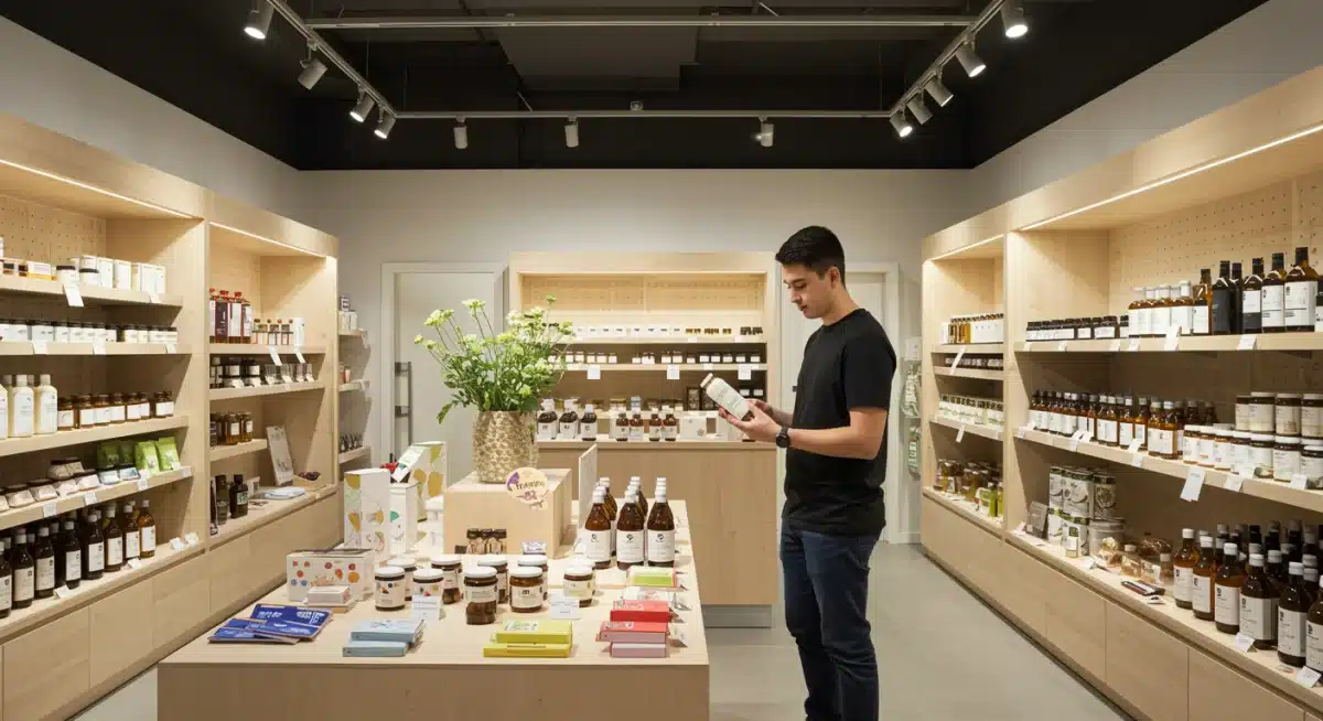 Gen Z customer examining sustainable product in minimalist store