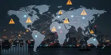 Global supply chain network with warning signs and profit loss graphs