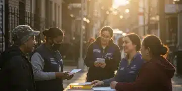 Community health workers interacting with diverse residents in an urban setting.