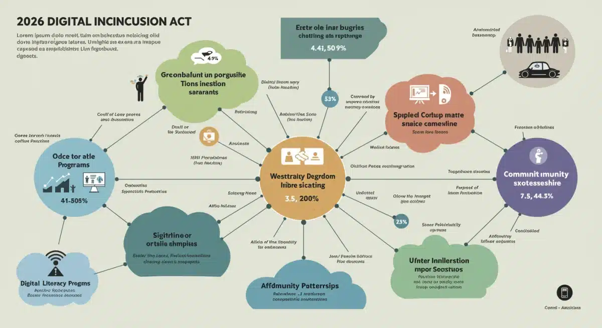 Infographic detailing the components and impact of the 2026 U.S. Digital Inclusion Act on broadband and digital literacy.