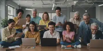 Diverse community members engaging with digital technology in a modern community center, symbolizing digital inclusion and access.