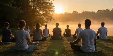 Diverse people engaging in modern spiritual practices outdoors