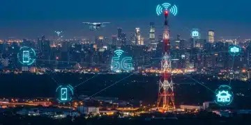 Futuristic cityscape with 5G towers and connected IoT devices, symbolizing rapid technological advancement.