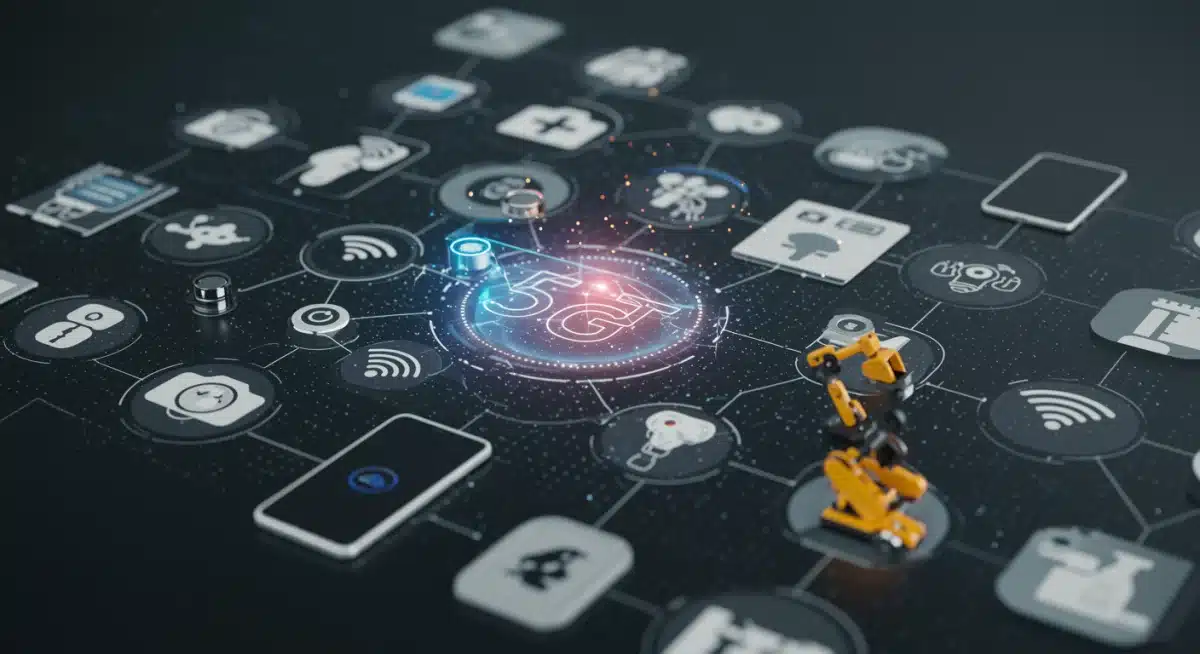 Interconnected IoT devices powered by advanced 5G networks, highlighting diverse applications.