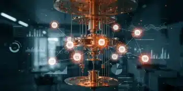 Futuristic quantum computer with glowing qubits and business data overlays