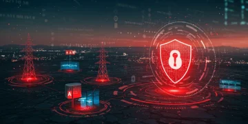 Digital representation of U.S. critical infrastructure under cyber threat, with protective digital barriers.