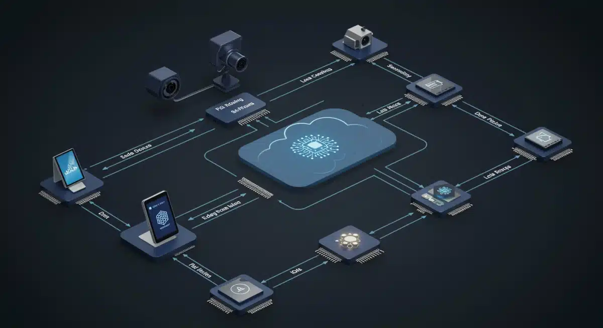 Network diagram of edge AI architecture, showing data flow from devices to local processing and cloud.
