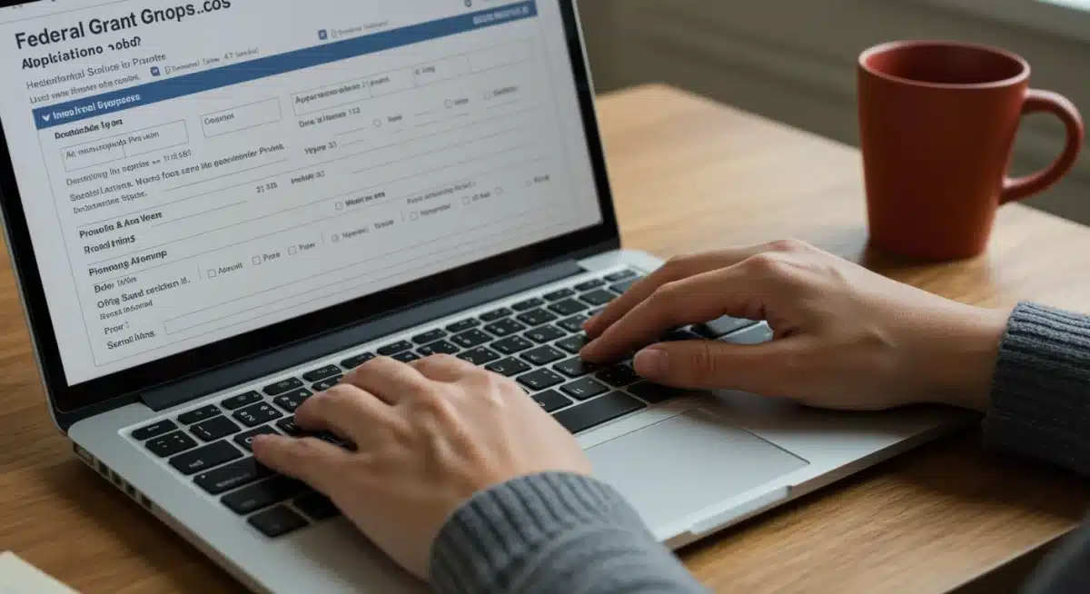 Hands typing federal grant proposal on laptop