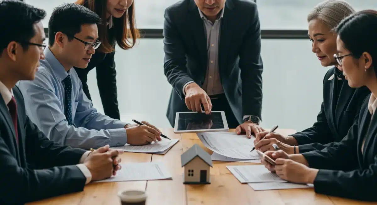 Policymakers and community leaders discussing new housing legislation at a conference table.