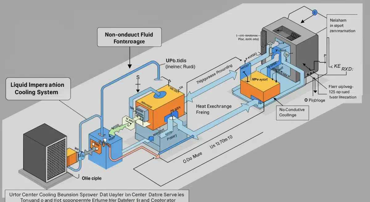 Schematic of a liquid immersion cooling system in a data center, demonstrating heat transfer.