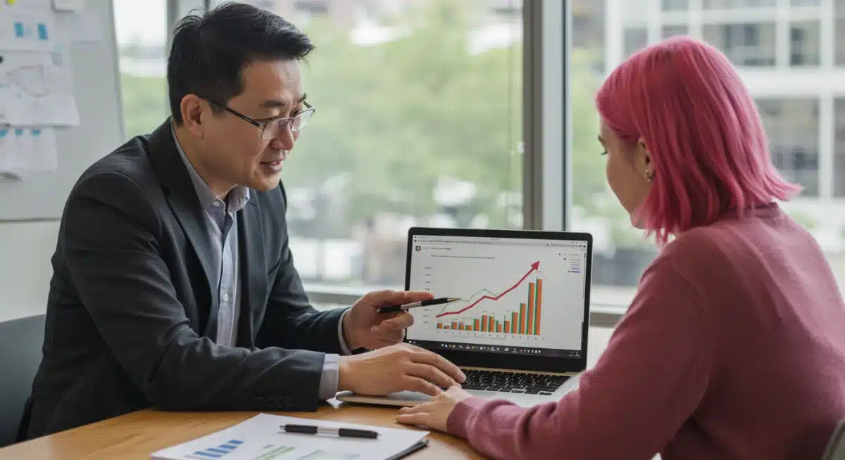 Mentor and mentee reviewing positive growth data on a laptop