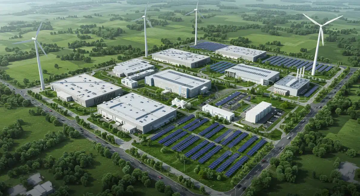 Aerial view of a green data center campus powered by solar panels and wind turbines.